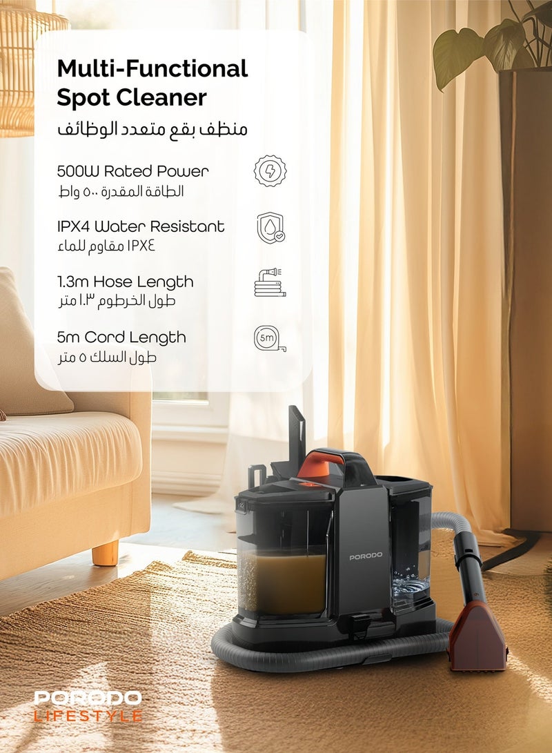 بورودو منظف ​​السجاد 500 وات مع خزان مياه 1350 مل وخزان مياه متسخة 600 مل / منظف قوي للبقع / منظف بقع الأريكة والسجاد / مجموعة أدوات متعددة الاستخدامات / منظف البقع - أسود - Image 2